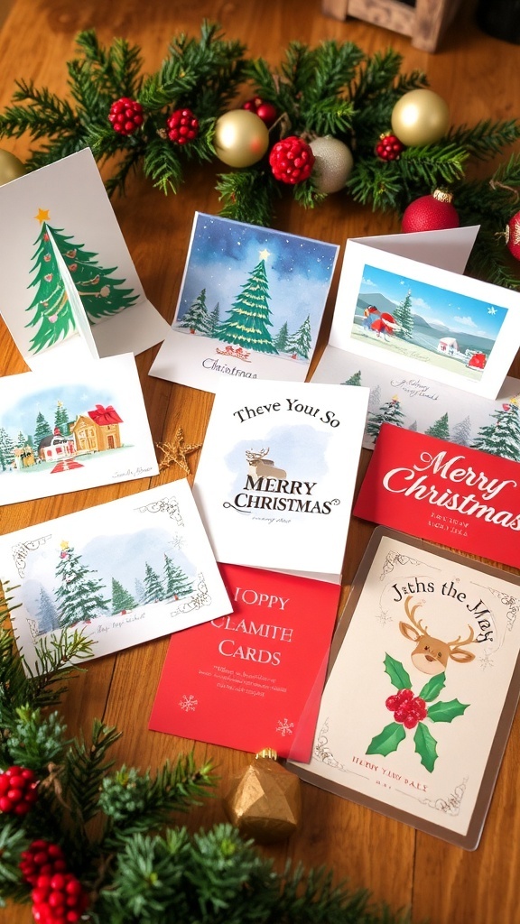 Creative Christmas Card Ideas A variety of Christmas cards with different designs on a wooden table, surrounded by holiday decorations.